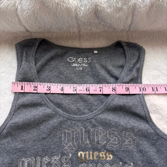 GUESS Grey Ribbed Tank Top Large Y2K Gothic Font Rhinestone - Picture 6 of 7